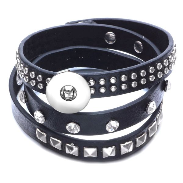 18mm DIY Noosa Snap Bracelet Charms En Cuir Noir Wrap Bijoux pour Femmes Européenne Rivet Cristal Diamant Punk DIY Bracelets Homme Bracelets