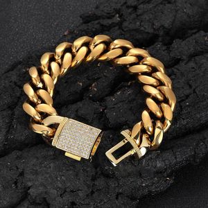 18 mm hiphop 316L roestvrij staal Miami Cuban Link Chain 18k real Gold Poled High Polished Mens Necklace Gold Flap Buckle sieraden set