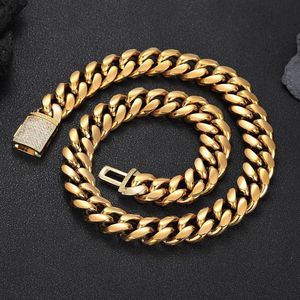 18 mm hiphop 316L roestvrij staal Miami Cuban Link Chain Real Gold Golde High Polished Mens Necklace Gold Flap Buckle sieraden set