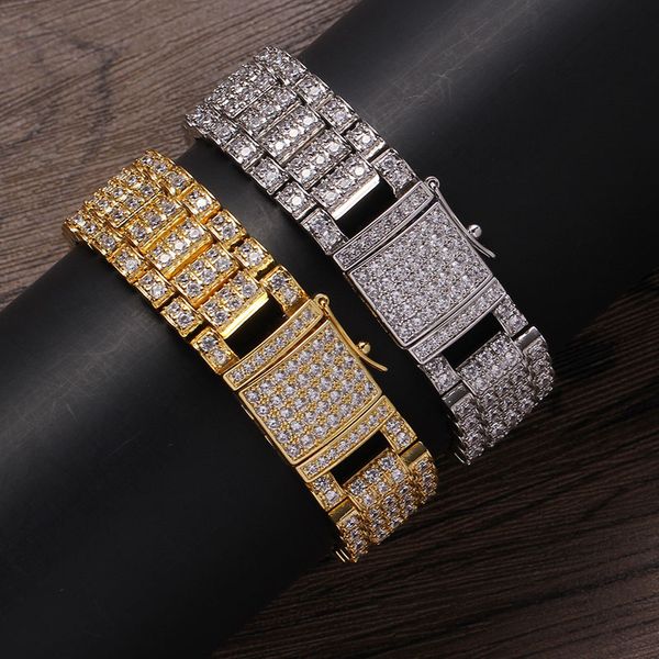 18mm Hip Hop Bracelets Chaîne De Cuivre Incrusté De Zircone Cubique Accessoires Pour Hommes Hiphop Montre Chaînes Bracelet INS Bijoux Mne Femmes Bracelets Chaînes Or Argent