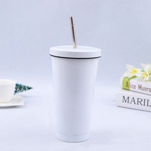 Gobelet vierge à sublimation de 18 oz, tasse à café blanche à transfert de chaleur, tasse de voiture à double paroi en acier inoxydable avec isolation sous vide avec paille