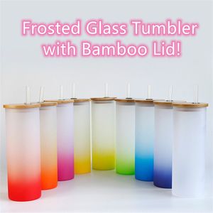 18oz Sublimatie Frosted Glass Tumbler met Bamboe Lid Rechte Skinny Waterfles Thermische Transfer Koffiemok Groothandel A02