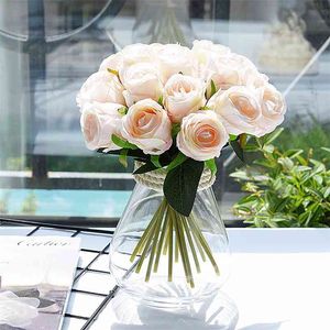 18PCS Rose Artificial Flowers Wedding Bouquet Seda para la decoración del hogar Fake Autumn Fall 210706