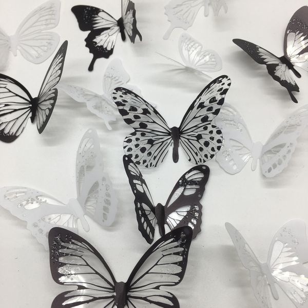 18 pièces/ensemble noir et blanc cristal papillons autocollant Mural pour chambres d'enfants Art Mural réfrigérateur décoration de mariage stickers muraux