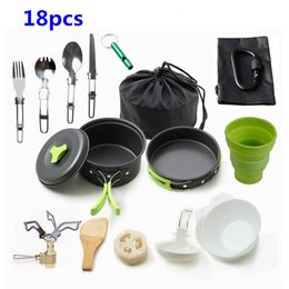 18pcs / set Camping Batterie De Cuisine Ensembles En Plein Air En Alliage D'aluminium Kit De Cuisine Portable Pan Pot Voyager Randonnée Pique-Nique Vaisselle Équipements Q287