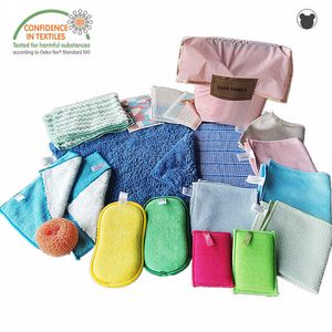 18PCS Set Fournitures de nettoyage sac cadeau serviettes de cuisine en microfibre tampon à récurer en verre éponges chiffons ménagers outils de nettoyage de salle de bain 210728