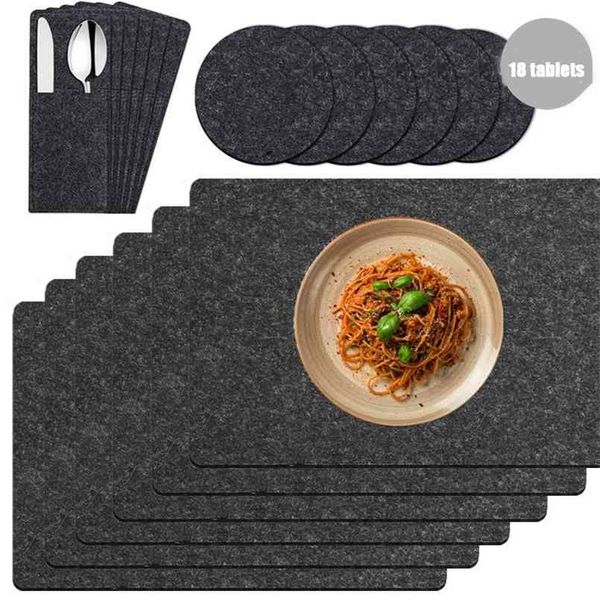 18 unids / set Placemats de fieltro lavables Matetas de mesa Posavasadores de cristal Bolsas de cubiertos Conjunto Almohadillas de aislamiento Absorbente Abrador antideslizante WXV 210817