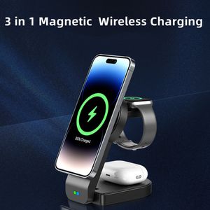 Support de chargeur sans fil pliable magnétique 3 en 1 15W pour iPhone 15 14 13 12 Apple Watch Samsung Galaxy Watch Station de charge rapide avec boîte de vente au détail