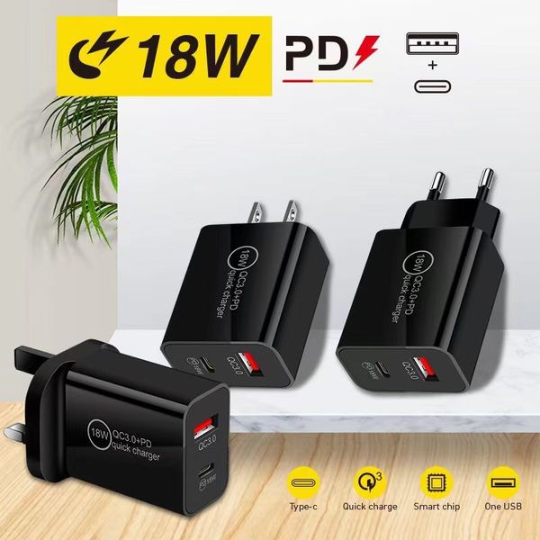 18W PD Charger Dual USB USB Quick Charger USB QC3.0 Tipo C Cargador de pared US/EU/Reino Unido Adaptador de pared de enchufe para iPhone 15 Samsung Teléfono móvil