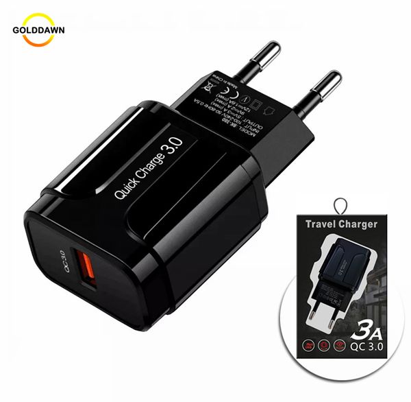 Chargeurs muraux USB 18W QC 3.0 pour téléphone portable, charge rapide, adaptateur de prise EU US, chargeur rapide pour smartphone avec emballage de vente au détail