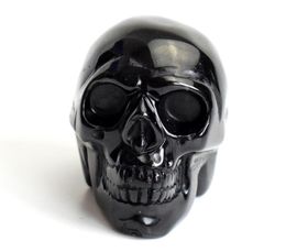 19 pouces Chakra Natural Black Obsidian Crystal Reiki guérison Réaliste du crâne humain Feng Shui Statue avec un velours P6536911