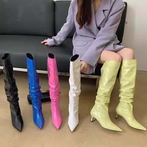 19 Knight Pointed Women Fashion Toe dunne hoge hakken Zwart wit blauw roze gele winter herfst knie laarzen 230807 806