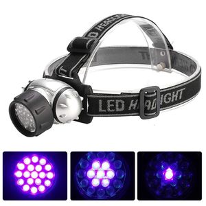 19 LED UV ultravioleta faro púrpura faro impermeable al aire libre linterna 395nm violeta cabeza lámpara antorchas linterna para caza pesca