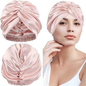 19 Momme Double Couche Mûrier Soie Bonnet De Couchage Sommeil De Nuit Pour Les Femmes Soins Des Cheveux Long Élastique Bonnet Chapeau 211229