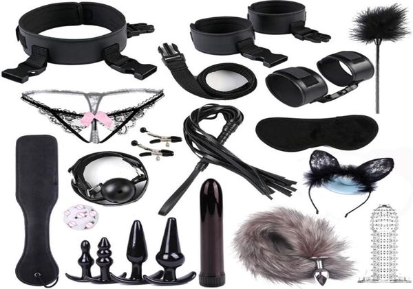 19 Pcsset Juegos Sexuales Juguetes Eróticos para Adultos BDSM Bondage Set Esposas Abrazaderas para Pezones Anal Tail Plug Látigo Juguetes Sexuales para Parejas Y2003847965