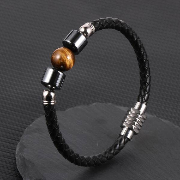 19 styles hommes bracelet pierres précieuses naturelles oeil de tigre pierre hématite perle charme véritable bracelet en cuir bracelet 240228