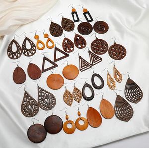 19 styles femmes évider boucles d'oreilles en bois charme de nombreuses formes feuilles, carré, ovale, charmes ronds en bois boucle d'oreille pour fille mode cadeaux exagérés