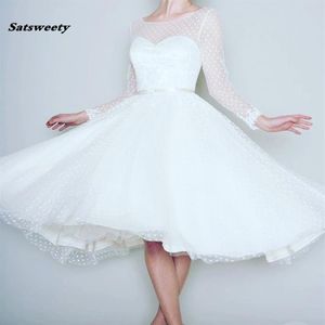 1905's Vintage blanc à manches longues robe de mariée courte femmes robes de mariée thé longueur rétro pointillé robe de mariée printemps New258E