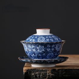 190 ml Porcelaine blanche Trois talents thé Tureen Grande céramique Gaiwan Kung Fu Tea Set tas tasse de thé créatif Boule de thé bleu et blanc