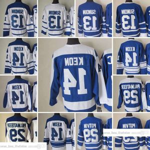 1917-1999 Película Retro CCM Hockey Jersey Bordado 13 Mats Sundin 14 Dave Keon 29 Mike Palmateer Hombres Bordado Jersey Blanco Azul Gr 59