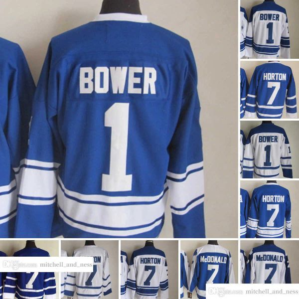 1917-1999 Film Rétro CCM Hockey Jersey Broderie 1 Johnny Bower 7 Tim Horton Hommes Vintage Maillots Blanc Bleu Vert 53