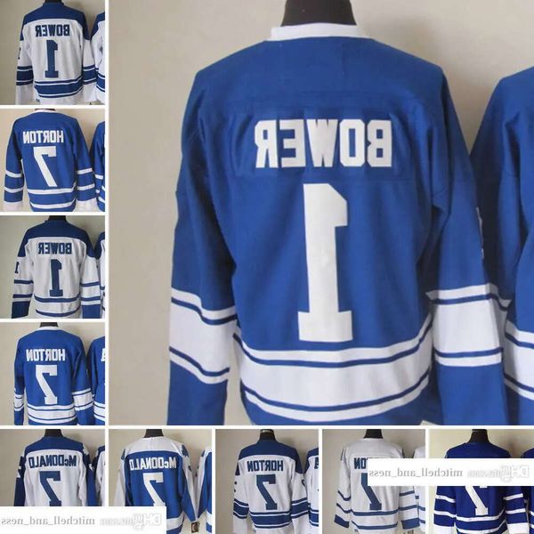 1917-1999 Film Rétro CCM Hockey Jersey Broderie 1 Johnny Bower 7 Tim Horton Hommes Vintage Maillots Blanc Bleu Vert 81