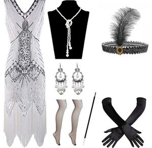 jaren 1920 jurk voor vrouwen gatsby thema kostuum feest sexy pailletten omzoomd flapper jurken netkous hoofdband handschoenen oorbellen ketting sigarettenhouder set plus