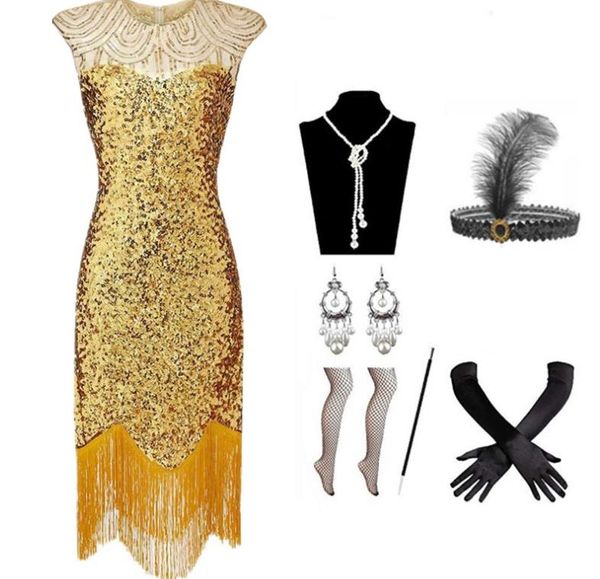 1920s Vobe Femmes Gatsby Theme Prom Costume Party Party Frdged Flapper Robes avec des accessoires 20s ACCESSOIRES FISHNET GLANT BAND GLANTES Collier de boucles