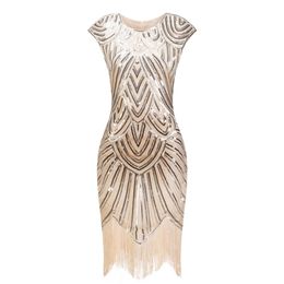 1920 s Flapper Great Gatsby O-cou Cap manches Sequin Fringe Party Midi Robe De Verano D'été Femmes Robe 210303