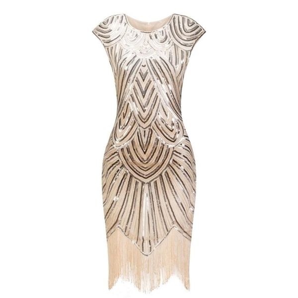 Années 1920 clapet magnifique Gatsby col rond manches paillettes frange fête Midi robe De Verano été femmes robe 210315322f