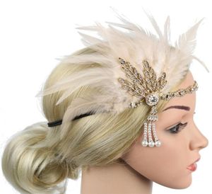 1920s Flapper Hoofdband Feather hoofdtaal Roaring 20S Great Gatsby geïnspireerde blad Medaillon Pearl Women Haaraccessoires 220224846527879470