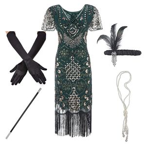 1920s Flapper Roaring Plus Size 20s Great Gatsby Vestido con cuentas de lentejuelas con flecos y accesorios de vestido Art Deco adornados XXXL 210331