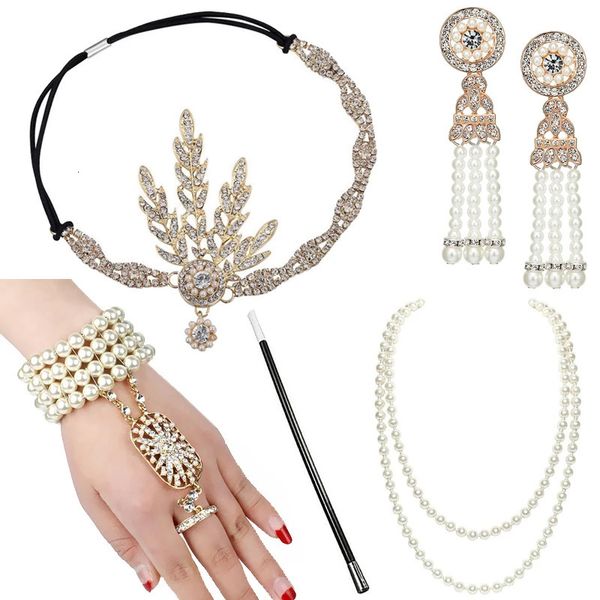 Ensemble d'accessoires Gatsby des années 1920 pour femmes, Costume des années 20, bandeau à clapet, collier de perles, Bracelet, boucles d'oreilles, étui à cigarettes, 240102