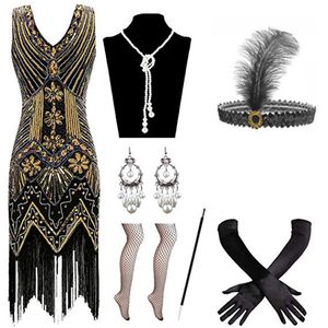jaren 1920 jurk voor vrouwen gatsby thema kostuum feest pailletten omzoomd flapper jurken netkous hoofdband handschoenen oorbellen ketting sigarettenhouder set grote maten
