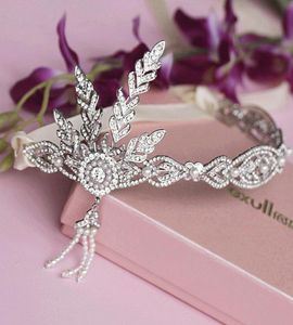 1920s Vintage Hair Accessories Pearl Crystal Crown Nieuwe Great Gatsby Headpiece Jewelry Wedding Bruid Blad hoofdband met Ribbon6242017