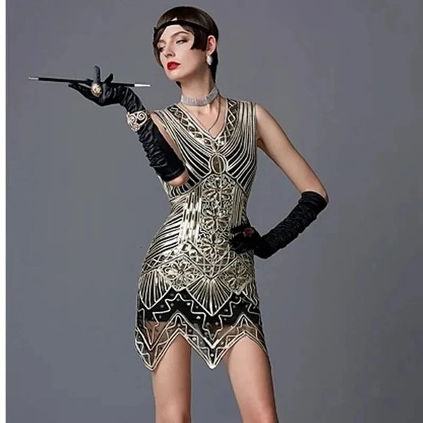 Robe de soirée Gatsby à paillettes pour femmes, sans manches, fil doré, broderie, pompon, grande taille, années 1920, 240130
