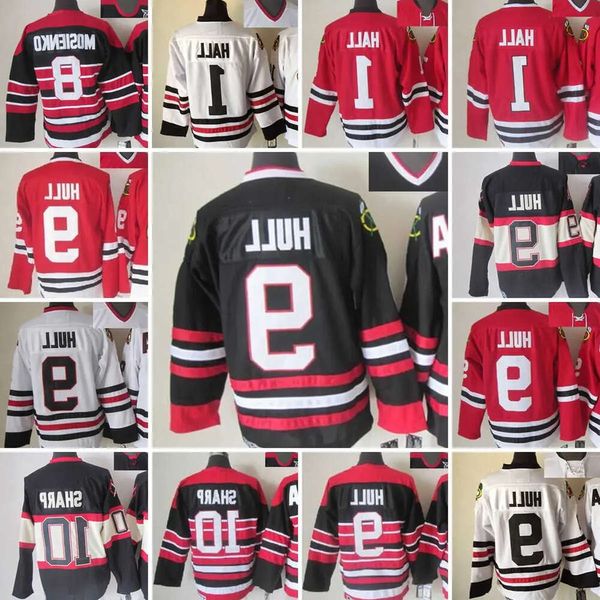 1926-1999 Película Retro CCM Hockey Jersey bordado 9 Bobby Hull 1 Glenn Hall 10 Patrick Sharp 8 Bill Mosienko 38 Ryan Hartman 61 Stanley 33