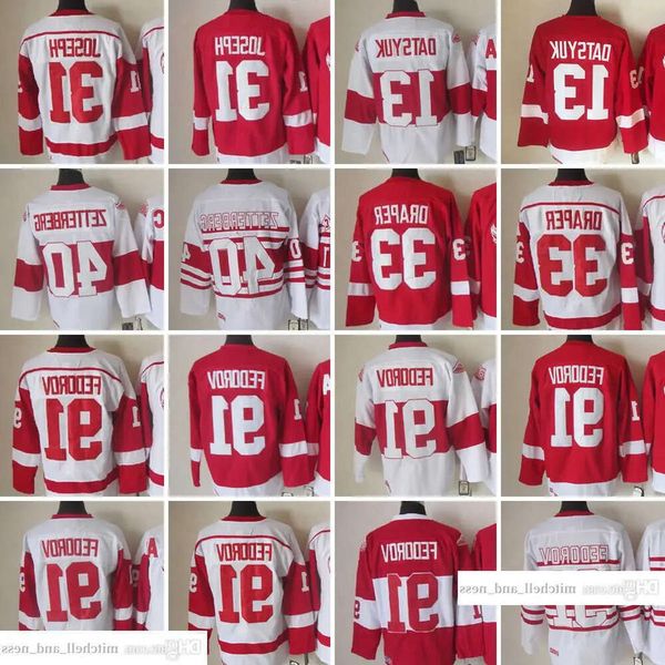 1926-1999 Película Retro CCM Hockey Jersey bordado 91 Sergei Fedorov 13 Pavel Datsyuk 31 Curtis Joseph 33 Kris Draper 40 Henrik Zetterberg V 17