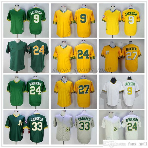 1938 Maillot de baseball vintage 9 Reggie Jackson 24 Rickey Henderson 27 Catfish Hunter 33 Jose Canseco Maillots Rétro