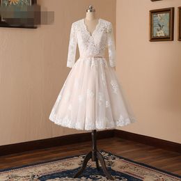 1950s Vintage Robe de Mariee Tulle Lace Champagne Korte trouwjurk met 3/4 mouw thee lengte plus maat V nek bruid jurk op maat gemaakt