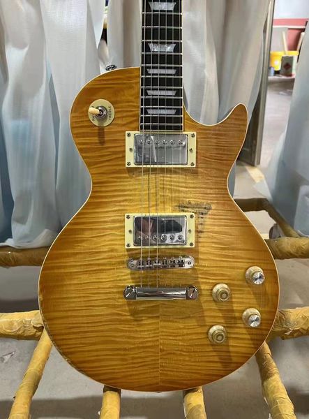 1959 Hommage à Gary More Peter Green Flame Beige Top Relic Smoked Sun Blast Guitare électrique Un morceau de corps en acajou, un PC Neck