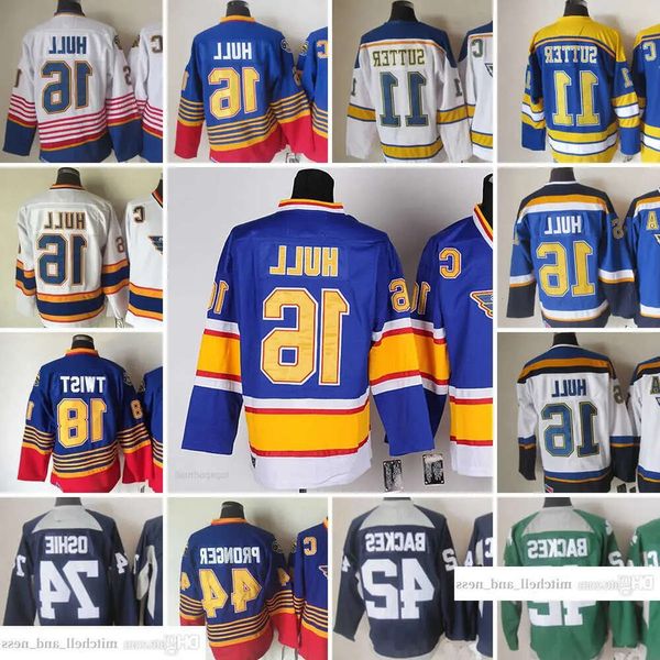 1967-1999 Film Rétro CCM Hockey Jersey Broderie 16 Brett Hull 11 Brian Sutter 18 Tony Twist 44 Chris Pronger 74 OSHIE 42 BACKES Vintag 46