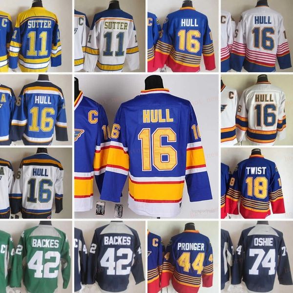 1967-1999 Movie rétro CCM Hockey Jersey broderie 16 Brett Hull 11 Brian Sutter 18 Tony Twist 44 Chris Pronger 77 Pierre Turgeon 99 Wayne Gretzky Vintage Jerseys