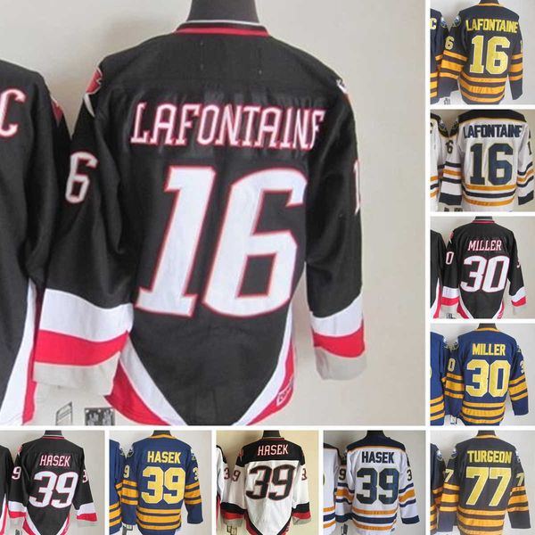 1970-1999 Film Retro CCM Hockey Jersey Broderie 39 Maillots Dominic Hasek Cousus 16 Pat LaFontaine 30 Ryan Miller 77 Pierre Turgeon 89 Maillots Alexander Mogilny