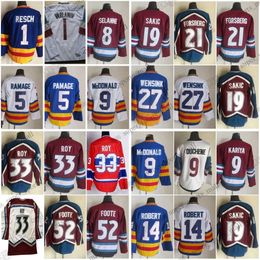 1972-1998 Film Vintage Maillots de hockey CCM 1 Varlamov 5 Ramage 8 Selanne 9 McDonald 14 Robert 19 Sakic 21 Forsberg 27 Wensink 33 Roy 52 Foote Maillot de broderie