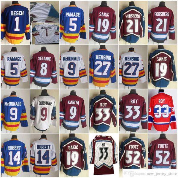 1972-1999 Film Rétro CCM Hockey Jersey Broderie 33 Patrick Roy 52 Adam Foote 9 Lanny Mcdonald 8 Teemu Selanne 14 René Robert 19 Joe Sakic 21 Peter Forsberg 8508