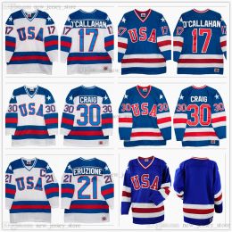 1980 Miracle On Ice Team 21 Mike Eruzione Hockey Jersey Pull 30 Jim Craig 17 Jack Callahan Bleu Blanc Cousu Hommes Vierge Sans Nom Numéro 46