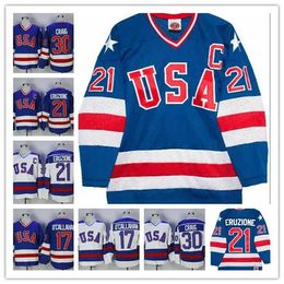 1980 Miracle On Ice USA 30 Jim Craig Jersey 17 Jack O'callahan 21 Mike Eruzione Blauw Wit Hockey Jerseys Beste gestikt 56