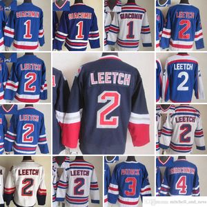 1980 Film Vintage Hockey 1 Maillots Eddie Giacomin Broderie CCM 2 Brian Leetch 3 James Patrick 4 Ron Greschner 77 Maillot Phil Esposito Bleu Blanc