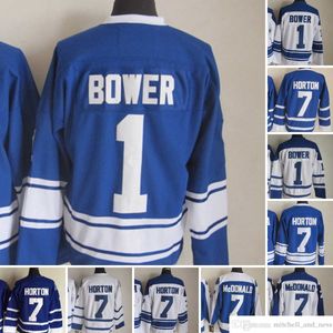 1980 Film Vintage Hockey 1 Johnny Bower Jerseys CCM broderie 7 Tim Horton Jersey White Blue Blue Green Retro pour l'homme